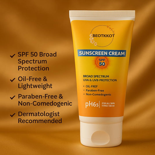 BEOTKKOT SPF 50 Sunscreen Cream – Broad Spectrum UVA & UVB Protection | Oil-Free, Paraben-Free, Non-Comedogenic | No White Cast | Suitable for All Skin Types| Men & Women| Dermatologist Recommended – 100ml