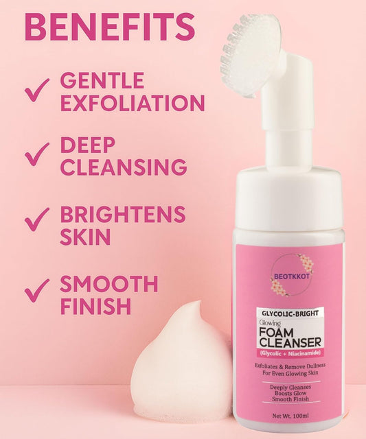 BEOTKKOT Glycolic Niacinamide -Bright Foaming Face Cleanser with Brush | Deep Cleansing, Exfoliating & Glow Boosting Face Wash for Radiant Skin – 100ml