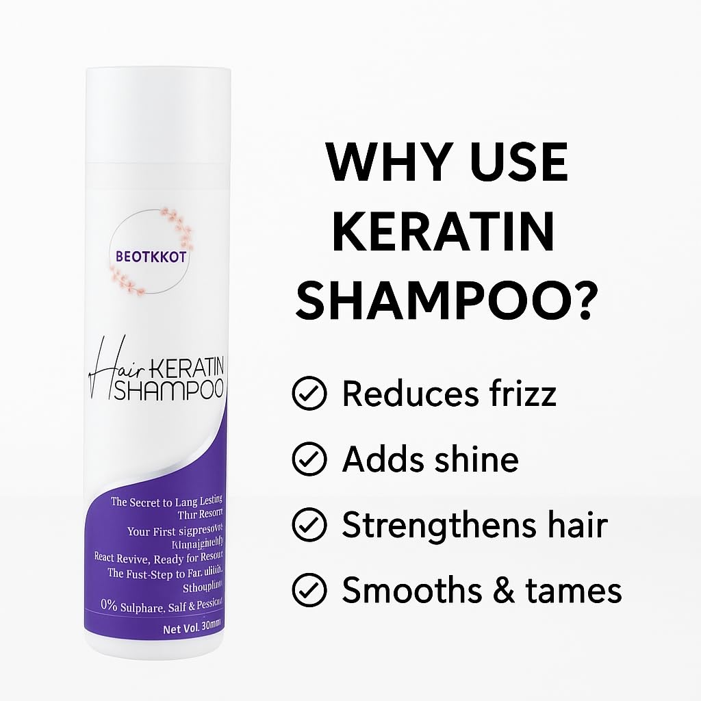BEOTKKOT Keratin Hair Shampoo, Sulphate-Free for Frizz Control & Smooth Hair, Keratin-Treated & Colored Hair Safe, 300ml
