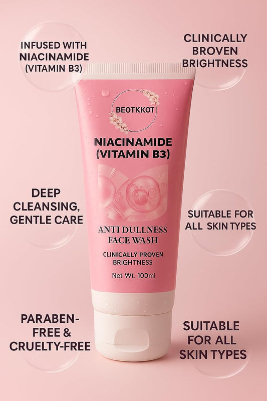 BEOTKKOT Niacinamide Face Wash | Vitamin B3 Anti-Dullness Cleanser | Brightens, Hydrates & Refreshes Skin | Fades Dark Spots, Oil Control 100ml