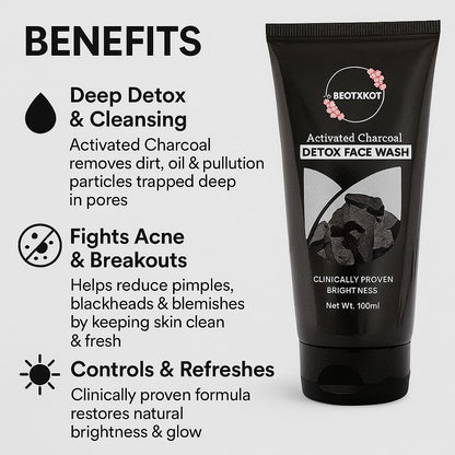 BEOTKKOT Charcoal Face Wash with Activated Charcoal |Fights Pollution, Dirt & Acne| Detox & Oil Control 2X Skin Purification| For Men & Women 100ML