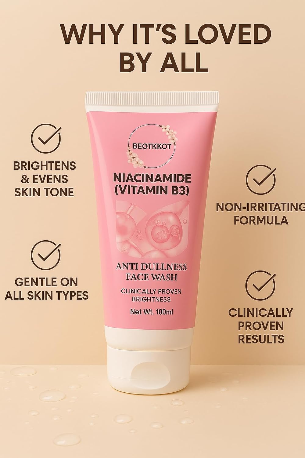 BEOTKKOT Niacinamide Face Wash | Vitamin B3 Anti-Dullness Cleanser | Brightens, Hydrates & Refreshes Skin | Fades Dark Spots, Oil Control 100ml