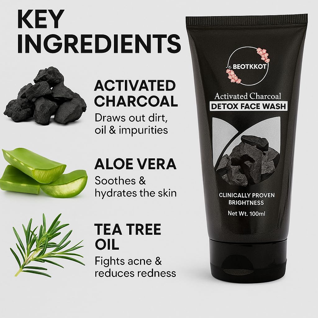 BEOTKKOT Charcoal Face Wash with Activated Charcoal |Fights Pollution, Dirt & Acne| Detox & Oil Control 2X Skin Purification| For Men & Women 100ML
