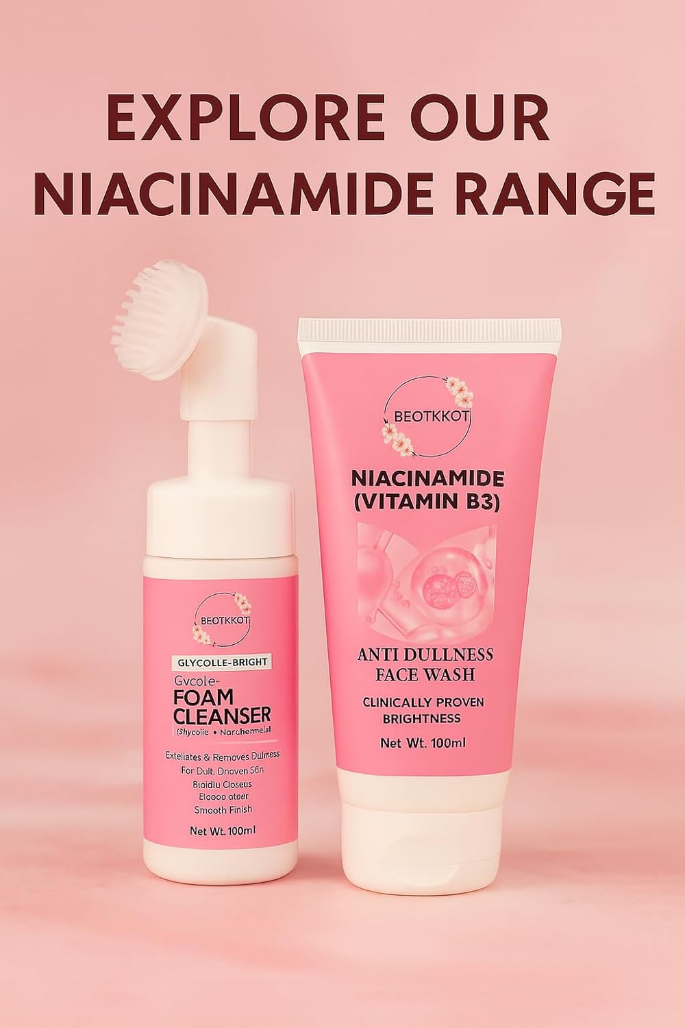 BEOTKKOT Niacinamide Face Wash | Vitamin B3 Anti-Dullness Cleanser | Brightens, Hydrates & Refreshes Skin | Fades Dark Spots, Oil Control 100ml