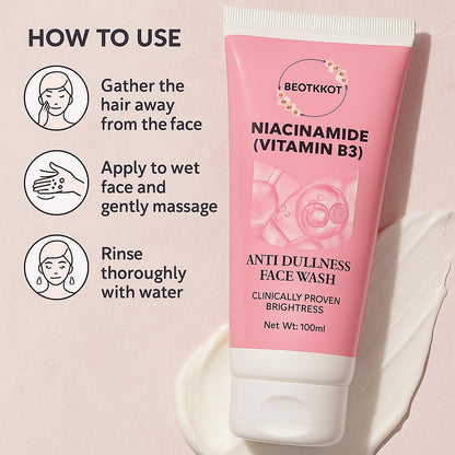 BEOTKKOT Niacinamide Face Wash | Vitamin B3 Anti-Dullness Cleanser | Brightens, Hydrates & Refreshes Skin | Fades Dark Spots, Oil Control 100ml