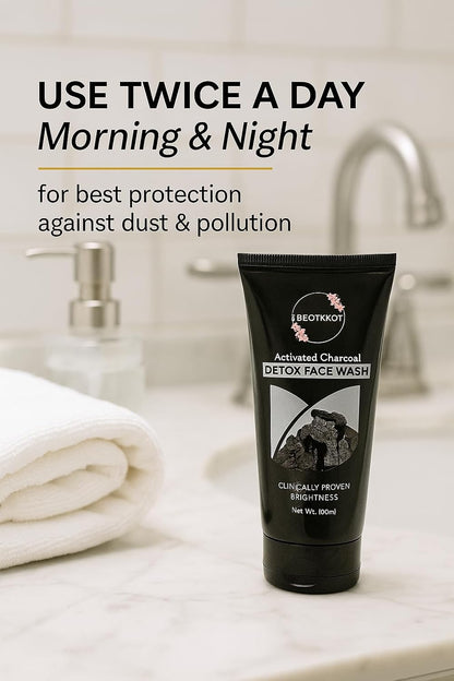 BEOTKKOT Charcoal Face Wash with Activated Charcoal |Fights Pollution, Dirt & Acne| Detox & Oil Control 2X Skin Purification| For Men & Women 100ML