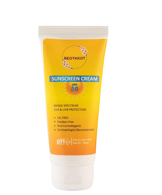 BEOTKKOT SPF 50 Sunscreen Cream – Broad Spectrum UVA & UVB Protection | Oil-Free, Paraben-Free, Non-Comedogenic | No White Cast | Suitable for All Skin Types| Men & Women| Dermatologist Recommended – 100ml