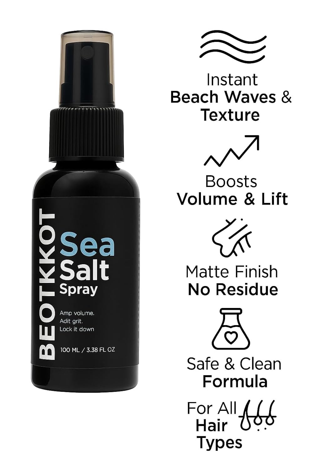 BEOTKKOT Sea Salt Spray for Hair Styling – Texture & Beachy Waves | Instant Volume, Lightweight Matte Finish, No Residue | With Bhringraj & Vitamin E | No Alcohol | Made for Indian Hair & Harsh Weather| For Men & Women 100 ml