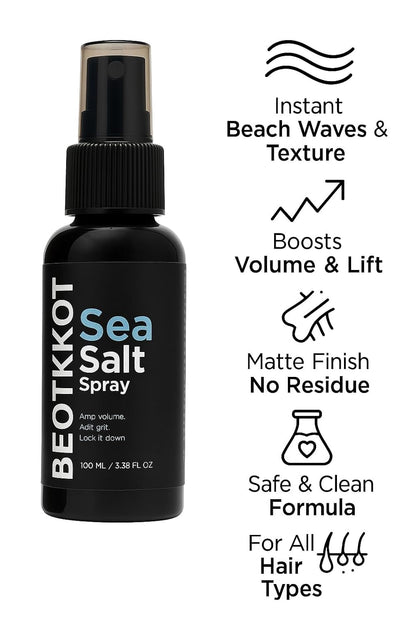BEOTKKOT Sea Salt Spray for Hair Styling – Texture & Beachy Waves | Instant Volume, Lightweight Matte Finish, No Residue | With Bhringraj & Vitamin E | No Alcohol | Made for Indian Hair & Harsh Weather| For Men & Women 100 ml