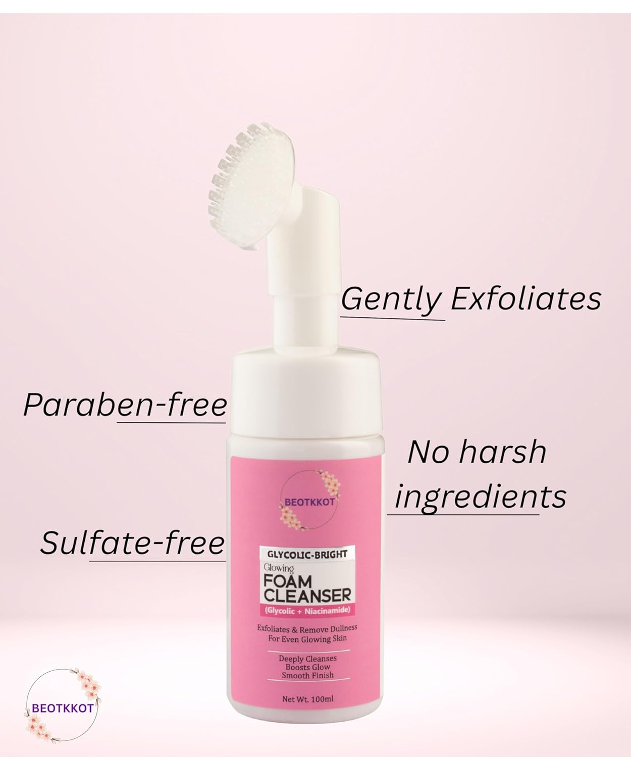 BEOTKKOT Glycolic Niacinamide -Bright Foaming Face Cleanser with Brush | Deep Cleansing, Exfoliating & Glow Boosting Face Wash for Radiant Skin – 100ml