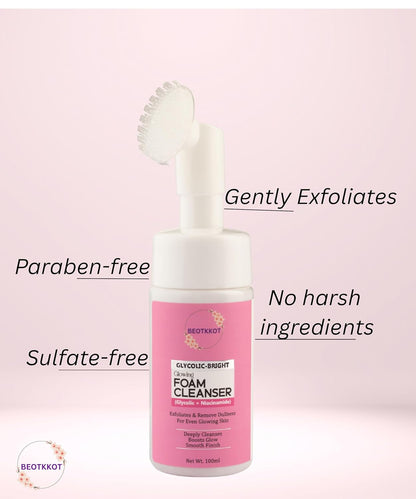 BEOTKKOT Glycolic Niacinamide -Bright Foaming Face Cleanser with Brush | Deep Cleansing, Exfoliating & Glow Boosting Face Wash for Radiant Skin – 100ml