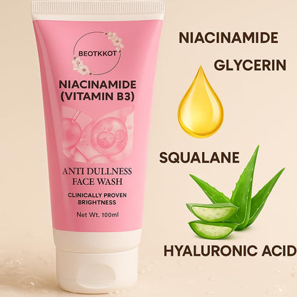 BEOTKKOT Niacinamide Face Wash | Vitamin B3 Anti-Dullness Cleanser | Brightens, Hydrates & Refreshes Skin | Fades Dark Spots, Oil Control 100ml