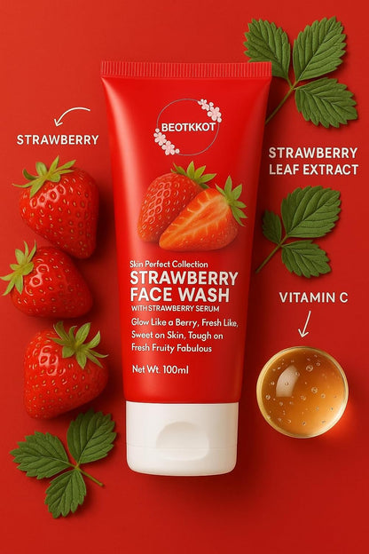 BEOTKKOT Strawberry Face Wash | With Strawberry Serum | Brightening, Refreshing & Anti-Dullness Cleanser | Gentle Daily Use for Men & Women | 100ml