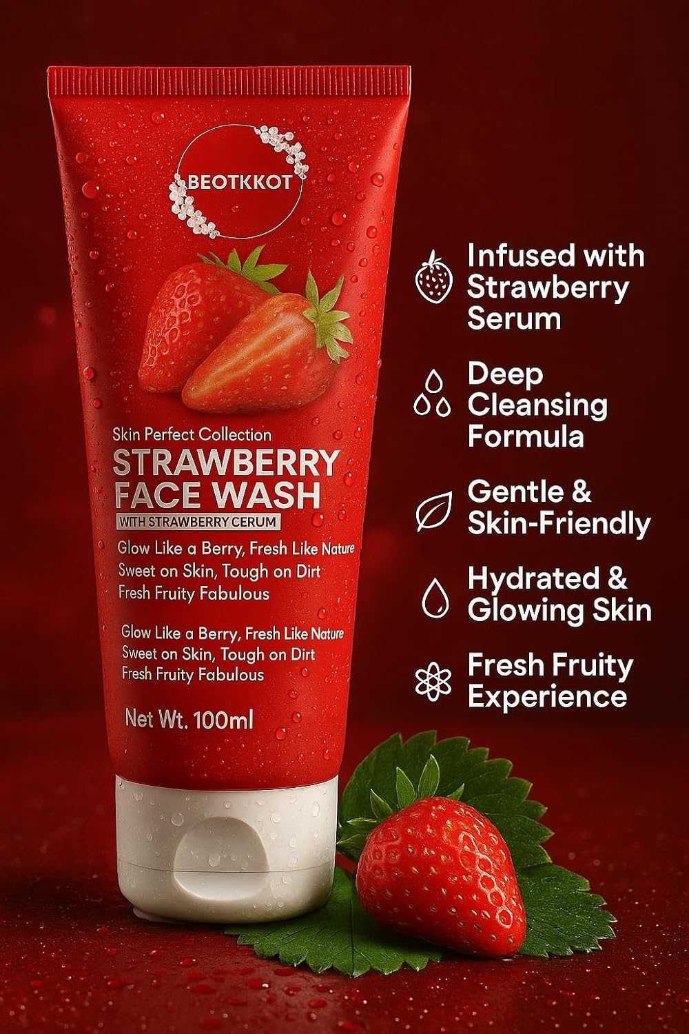 BEOTKKOT Strawberry Face Wash | With Strawberry Serum | Brightening, Refreshing & Anti-Dullness Cleanser | Gentle Daily Use for Men & Women | 100ml