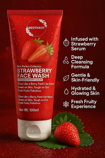 BEOTKKOT Strawberry Face Wash | With Strawberry Serum | Brightening, Refreshing & Anti-Dullness Cleanser | Gentle Daily Use for Men & Women | 100ml