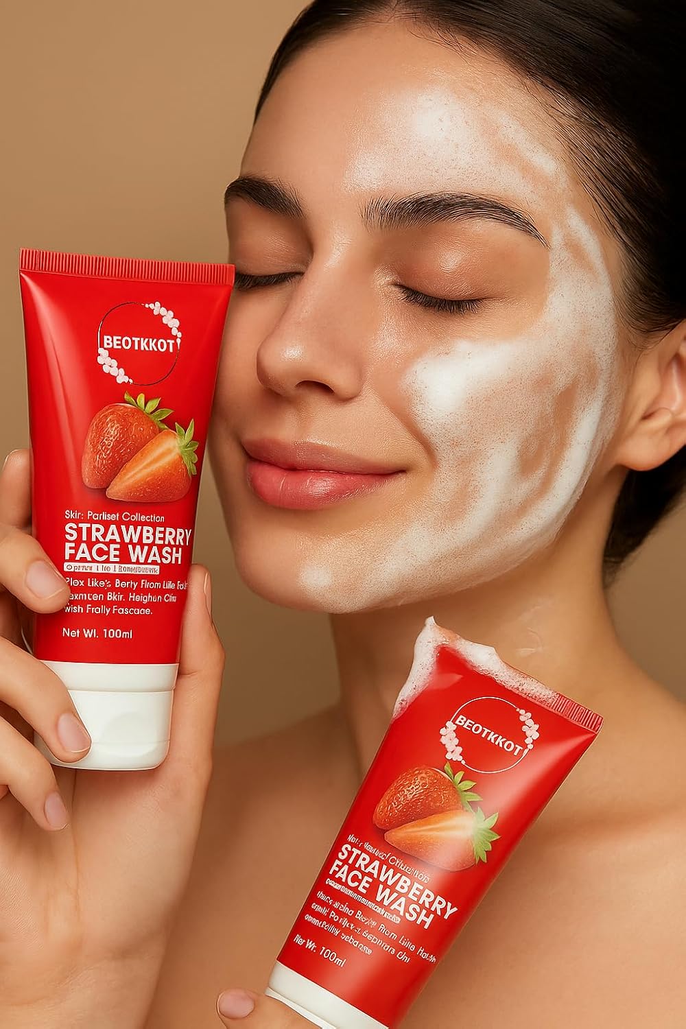 BEOTKKOT Strawberry Face Wash | With Strawberry Serum | Brightening, Refreshing & Anti-Dullness Cleanser | Gentle Daily Use for Men & Women | 100ml