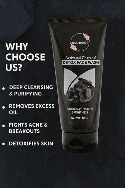 BEOTKKOT Charcoal Face Wash with Activated Charcoal |Fights Pollution, Dirt & Acne| Detox & Oil Control 2X Skin Purification| For Men & Women 100ML