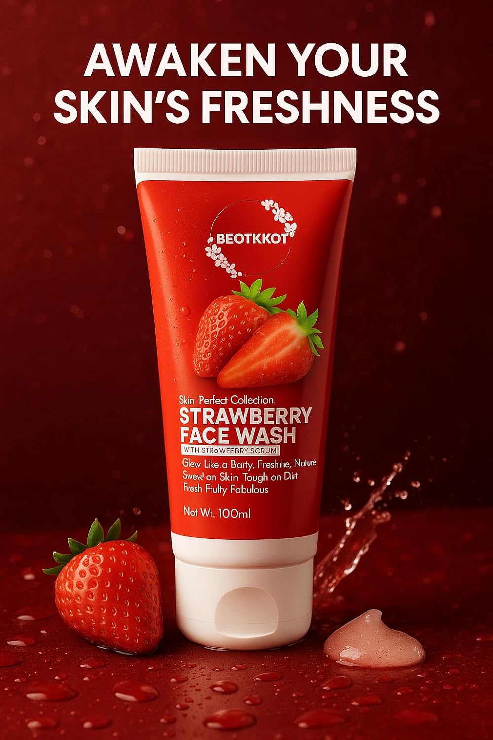 BEOTKKOT Strawberry Face Wash | With Strawberry Serum | Brightening, Refreshing & Anti-Dullness Cleanser | Gentle Daily Use for Men & Women | 100ml