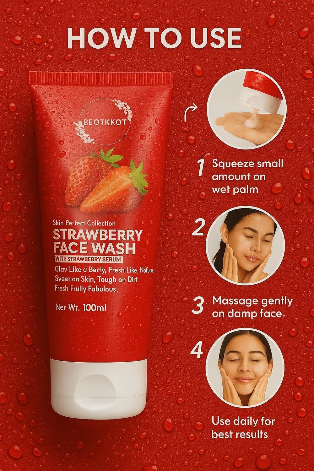 BEOTKKOT Strawberry Face Wash | With Strawberry Serum | Brightening, Refreshing & Anti-Dullness Cleanser | Gentle Daily Use for Men & Women | 100ml