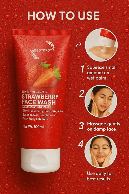 BEOTKKOT Strawberry Face Wash | With Strawberry Serum | Brightening, Refreshing & Anti-Dullness Cleanser | Gentle Daily Use for Men & Women | 100ml