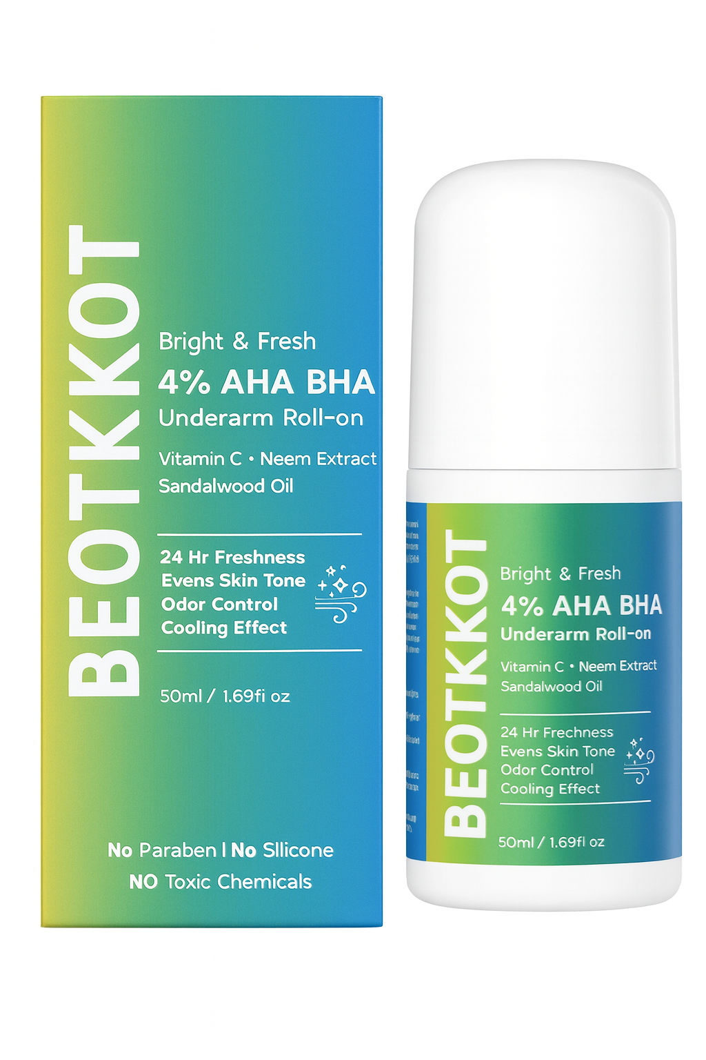 BEOTKKOT 4% AHA BHA Underarm Roll-On | Bright & Fresh Deodorant with Vitamin C, Neem & Sandalwood | 24 Hr Freshness, Odor Control, Fades Dark underarms Evens Skin Tone, Cooling Effect | No Paraben, No Silicone – 50ml