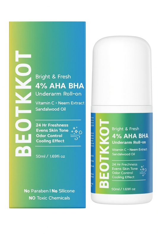 BEOTKKOT 4% AHA BHA Underarm Roll-On | Bright & Fresh Deodorant with Vitamin C, Neem & Sandalwood | 24 Hr Freshness, Odor Control, Fades Dark underarms Evens Skin Tone, Cooling Effect | No Paraben, No Silicone – 50ml