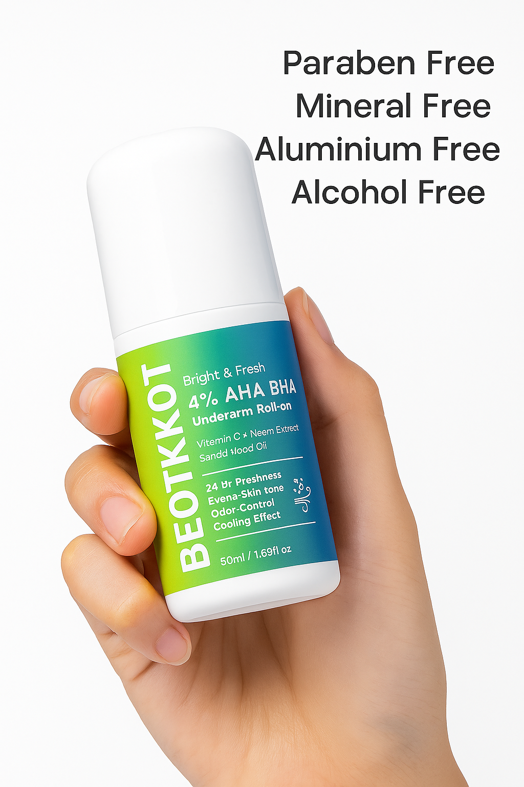 BEOTKKOT 4% AHA BHA Underarm Roll-On | Bright & Fresh Deodorant with Vitamin C, Neem & Sandalwood | 24 Hr Freshness, Odor Control, Fades Dark underarms Evens Skin Tone, Cooling Effect | No Paraben, No Silicone – 50ml