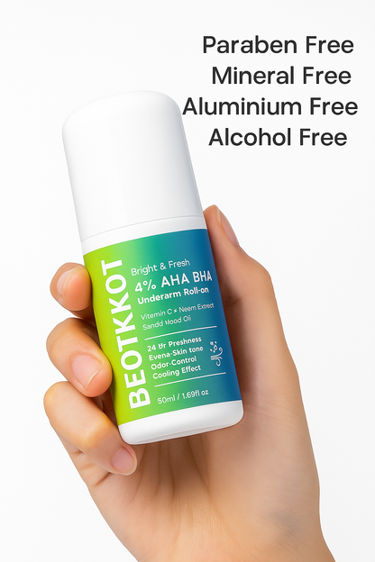 BEOTKKOT 4% AHA BHA Underarm Roll-On | Bright & Fresh Deodorant with Vitamin C, Neem & Sandalwood | 24 Hr Freshness, Odor Control, Fades Dark underarms Evens Skin Tone, Cooling Effect | No Paraben, No Silicone – 50ml