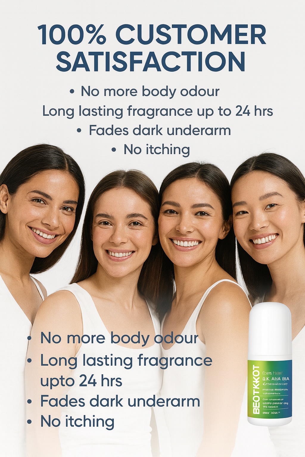 BEOTKKOT 4% AHA BHA Underarm Roll-On | Bright & Fresh Deodorant with Vitamin C, Neem & Sandalwood | 24 Hr Freshness, Odor Control, Fades Dark underarms Evens Skin Tone, Cooling Effect | No Paraben, No Silicone – 50ml