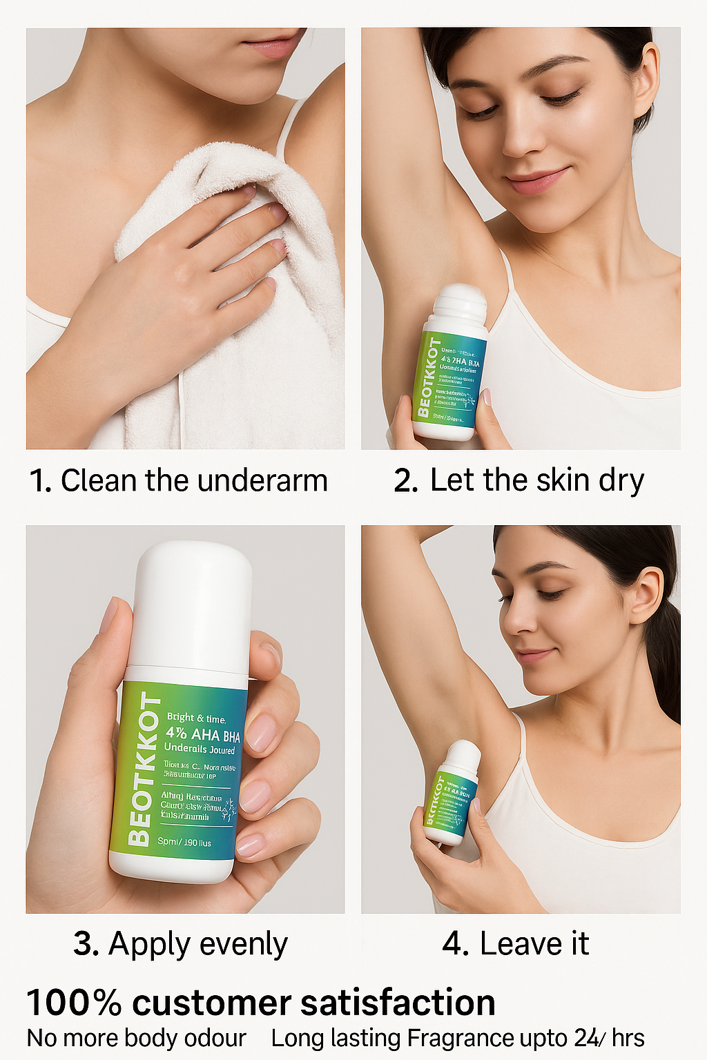 BEOTKKOT 4% AHA BHA Underarm Roll-On | Bright & Fresh Deodorant with Vitamin C, Neem & Sandalwood | 24 Hr Freshness, Odor Control, Fades Dark underarms Evens Skin Tone, Cooling Effect | No Paraben, No Silicone – 50ml